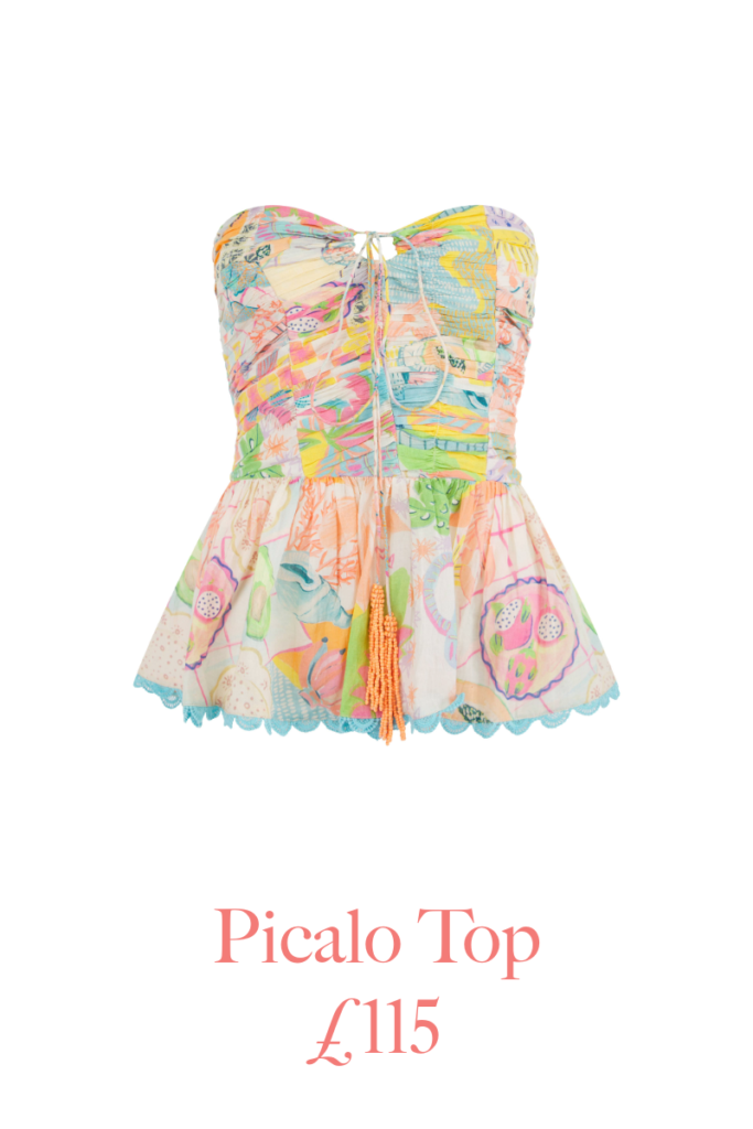 Flat image of the PRANELLA Picalo Picnic Top. Including 'Picalo Top £115' text.