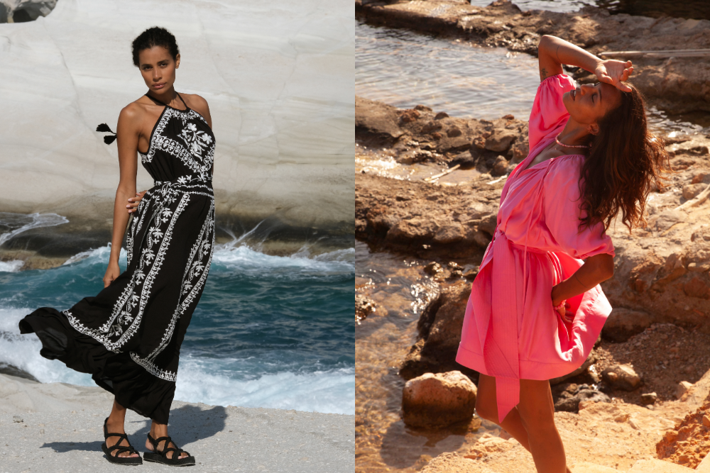 Two images of Models wearing PRANELLA Spring/Summer 2024 dresses. Shot in Milos and Ibiza.