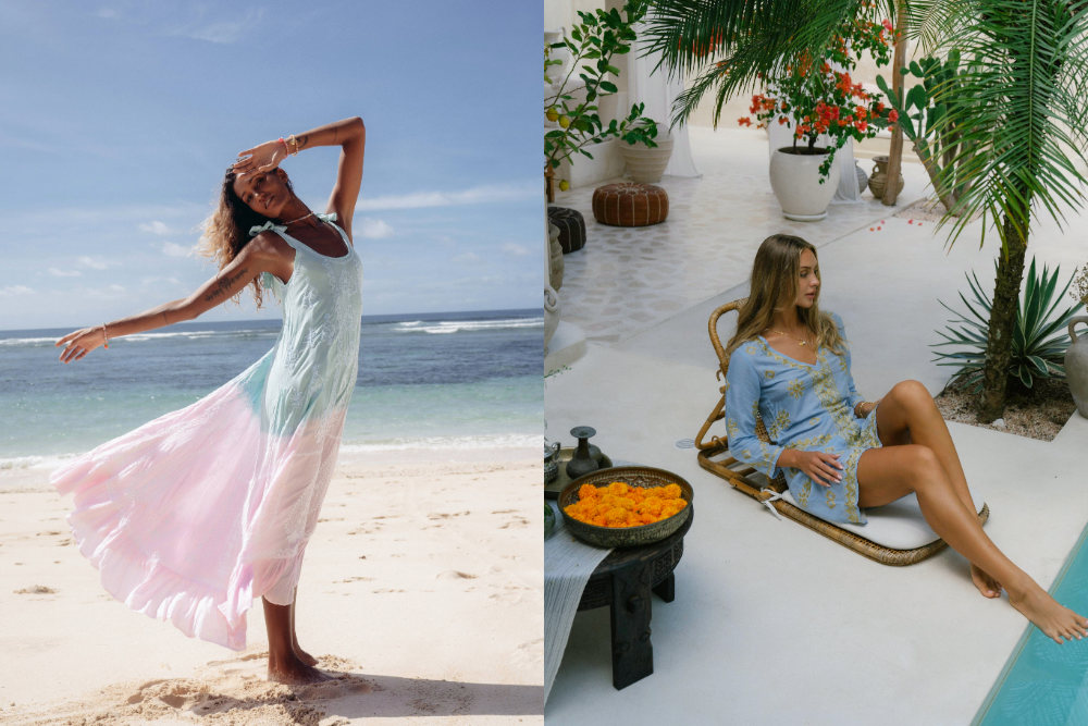 Two images of models wearing PRANELLA Spring/Summer 2023 dresses. Shot in Bali.