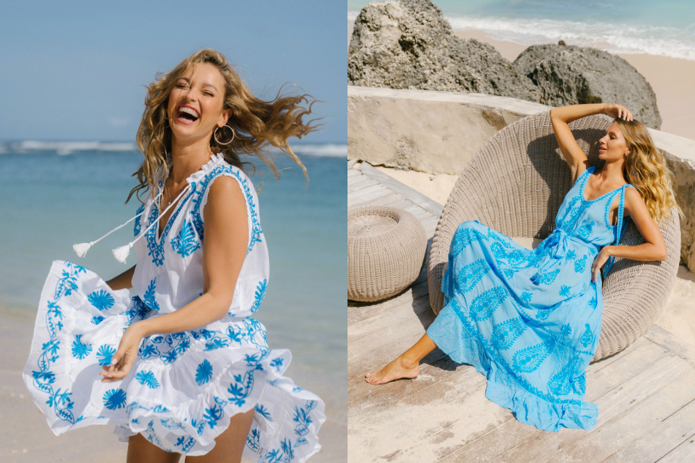 Two images of models wearing PRANELLA Spring/Summer 2022 dresses. Shot in Bali.