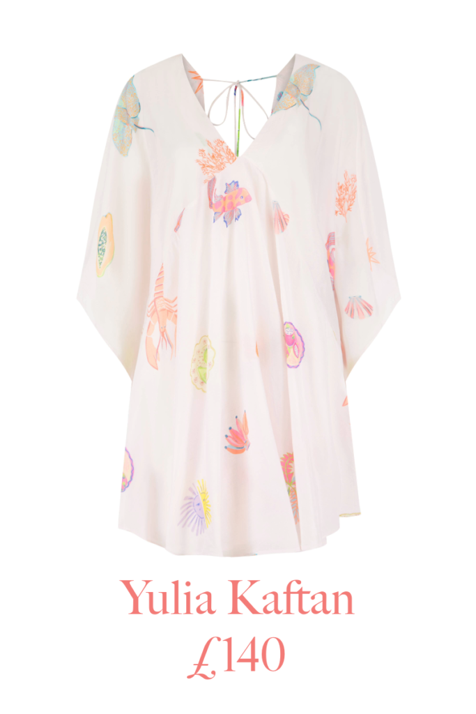 Flat image of the PRANELLA Yulia Treasure Island Kaftan. Including 'Yulia Kaftan £140' text.