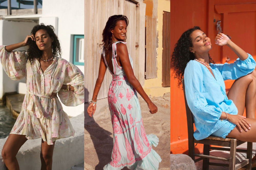 3 image collage of models wearing PRANELLA Spring/Summer 2024 clothing. Far right the model is wearing the Tocan Candy Blur Dress. In the Middle the model is wearing the Atzaro Aqua Neon Pink Maxi Dress and finally on the left the model is wearing the Izzadora top and Izzie shorts in Neon Blue.