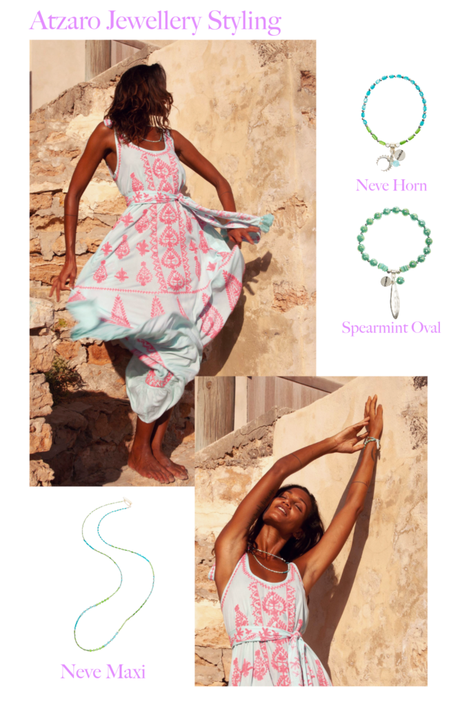 Editorial flatlay of the PRANELLA Spring/Summer 2024 Atzaro Aqua Neon Pink maxi dress alongside several jewellery images. Including text, 'Atzaro Jewellery Styling' with 'Neve Horn,' 'Spearmint Oval' and 'Neve Maxi.'
