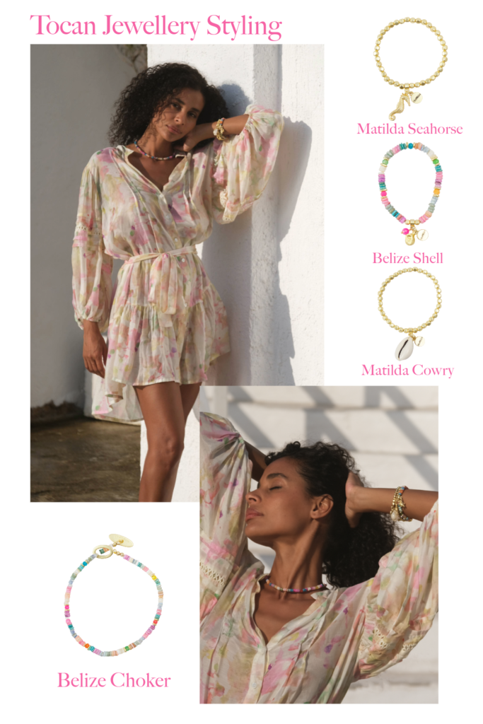 Editorial flatlay of the PRANELLA Spring/Summer 2024 Tocan Candy blur dress alongside several jewellery images. Including text, 'Tocan Jewellery Styling' with 'Belize Choker,' 'Matilda Cowry,' 'Belize Shell' and 'Matilda Seahorse.'