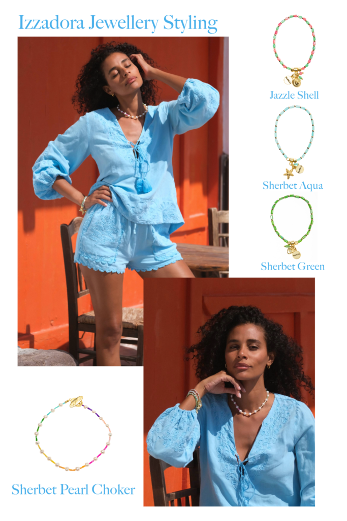 Editorial flatlay of the PRANELLA Spring/Summer 2024 Izzadora Top and Izzie Shorts in Neon Blue alongside several jewellery images. Including text, 'Izzadora Jewellery Styling' with 'Jazzle Shell,' 'Sherbet Aqua,' 'Sherbet Green' and 'Sherbet Pearl Choker.'